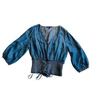 Haute Monde Blue Blouse with Smocked Waist